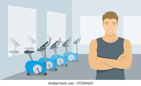 Personal fitness trainer in the gym. Smiling young man sport instructor in a room with exercise bikes. Promotional vector illustration of a club, center, individual training
