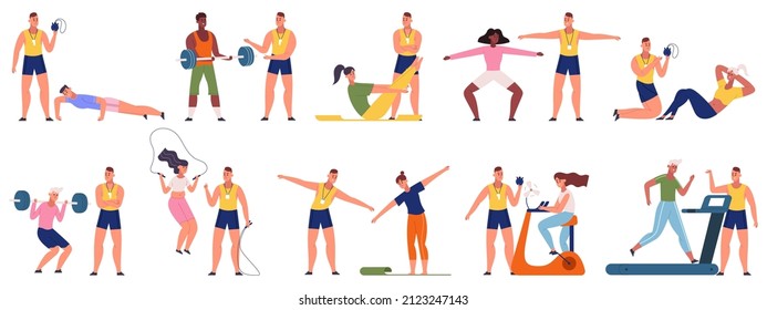 Personal fitness trainer, gym workout coach scenes. Sport exercising, personal coach training people vector illustration set. Fitness instructor scenes. Characters running, doing physical exercises