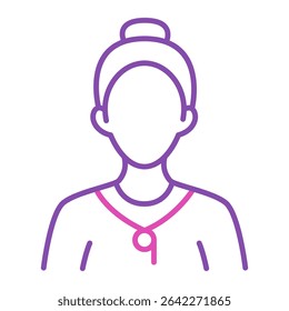 Personal fitness trainer line icon vector isolated. Simple pictogram of a female character with whistle. Woman as a sport couch.