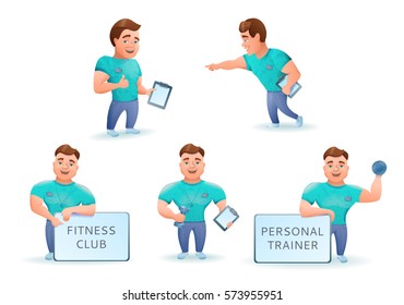 Personal fitness trainer set. Cartoon characters. Vector illustration.