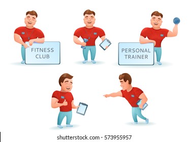 Personal Fitness Trainer Set. Cartoon Characters. Vector Illustration.
