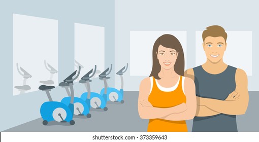 Personal fitness trainers in gym. Smiling young woman and man sport instructors in room with exercise bikes. Promotional vector illustration of a club, center, individual training.
