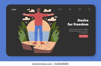 Personal freedom concept. Man with open arms on a cliff during sunset symbolizing liberation and life balance. Web banner template design. Vector illustration.