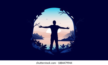 Personal freedom in oval frame - Man standing with open arms welcoming a new day with sunrise and beautiful view. Carefree, happiness and feeling free concept. Vector illustration 