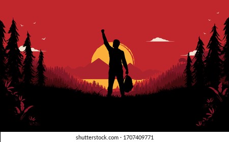 Personal freedom and success illustration - Proud man in nature landscape with raised hand in front of sunrise. Feeling free, adventure and hiking concept. Vector.