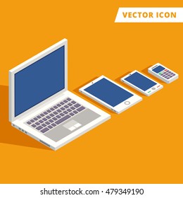 Personal gadgets evolution in flat isometric style vector icons, computer, tablet, smart-phone, old mobile phone set on orange background with shadow