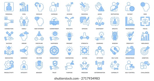 Personal Goal icon set. Containing personal, goal, develop, increase, achieve, new interest, commitment, realistic icon. Lineal Blue style
