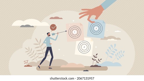 Personal goals choice and aim for future target success tiny person concept. Confidence and skills to achieve various ambitious plans for career or business vector illustration. Choose your strategy.