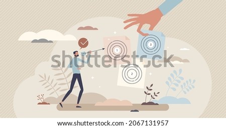 Personal goals choice and aim for future target success tiny person concept. Confidence and skills to achieve various ambitious plans for career or business vector illustration. Choose your strategy.