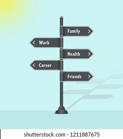 Personal goals infographic template with work, career, family, health, friends options 