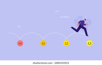 Personal growth and aspiration concept. businessman jump on emoticons from a sad expression towards a happy one