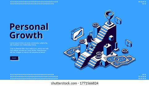 Personal Growth Banner. Concept Of Self Build Career, Development, Professional Progress. Vector Landing Page Of Goal Achievement With Isometric Man Rises Up On Steps