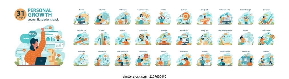 Personal growth big set. Business success or personal development. Soft skills, employee professional activity. Education, training and improvement for career building. Flat vector illustration