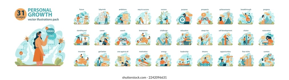 Personal growth big set. Business success or personal development. Soft skills, employee professional activity. Education, training and improvement for career building. Flat vector illustration