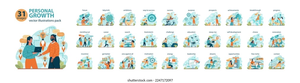 Personal growth big set. Business success or personal development. Soft skills, employee professional activity. Education, training and improvement for career building. Flat vector illustration