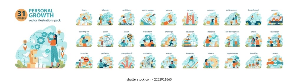 Personal growth big set. Business success or personal development. Soft skills, employee professional activity. Education, training and improvement for career building. Flat vector illustration