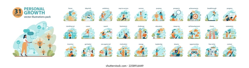 Personal growth big set. Business success or personal development. Soft skills, employee professional activity. Education, training and improvement for career building. Flat vector illustration