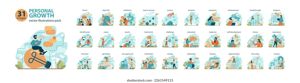 Personal growth big set. Business success or personal development. Soft skills, employee professional activity. Education, training and improvement for career building. Flat vector illustration