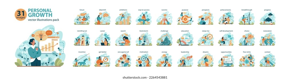 Personal growth big set. Business success or personal development. Soft skills, employee professional activity. Education, training and improvement for career building. Flat vector illustration