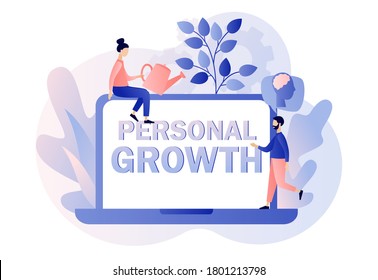 Personal Growth Big Text On Screen Laptop. Tiny People That Self-improvement, Self Development. Metaphor Growth Personality As Plant. Modern Flat Cartoon Style. Vector Illustration 