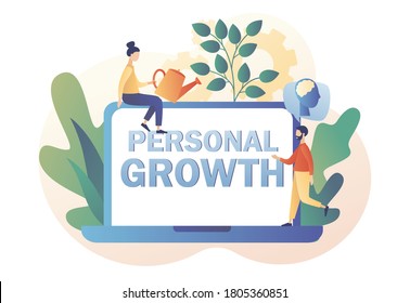 Personal growth big text on screen laptop. Metaphor growth personality as plant. Tiny people that self-improvement, self development. Modern flat cartoon style. Vector illustration 