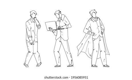 Personal Growth Business Skills Businessman Black Line Pencil Drawing Vector. Unemployed Man, Hard Working And Communication With Partner, Personal Growth To Super Hero. Character Guy Self-development