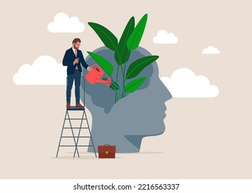 Personal growth. Businessman watering that growing plant from the brain as metaphor growth personality. Self-improvement and self development. Flat Vector illustration. 