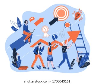 Personal growth and career development concept with business people and chart arrows. Goals of achievement and motivation for success. Getting high professional skills. Cartoon vector illustration.