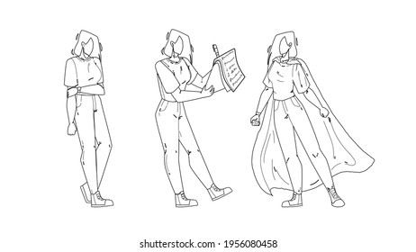 Personal Growth Career Young Business Woman Black Line Pencil Drawing Vector. Unemployed Girl, Education And Successful Found Job And Working Skills, Personal Growth. Character Lady Self-development 
