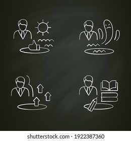 Personal growth chalk icons set. Consists of growth zone, enhancing lifestyle, identifying potential, spiritual identity etc. Isolated vector illustration. Vector illustrations on chalkboard