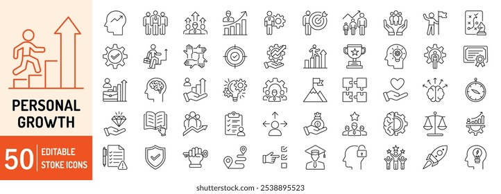 Conjunto de iconos web de contorno de trazo editable de colecciones de crecimiento personal. Crecimiento personal, visión, creatividad, liderazgo, éxito, habilidad, mente abierta, coaching y progreso profesional. Ilustración vectorial