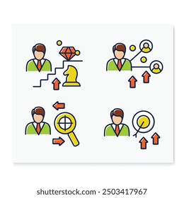 Personal growth color icons set. Consists of self knowledge, enhancing lifestyle, social relation, identifying potential. Isolated vector illustrations 