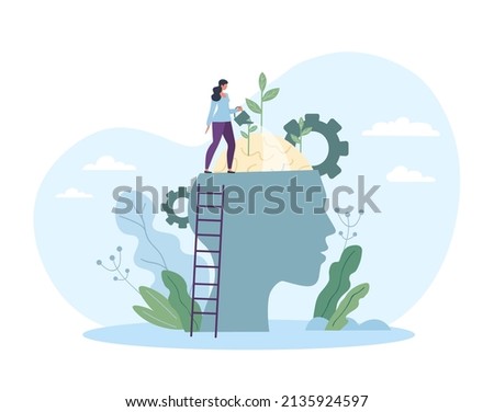 Personal growth concept. Girl with watering can waters brain, abstract pictures, education. Invest in yourself, motivational poster or banner and self development. Cartoon flat vector illustration