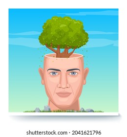 Personal growth concept. Head with symbolic knowledge tree. Self-improvement and self development banner. Web vector illustration in 3D style