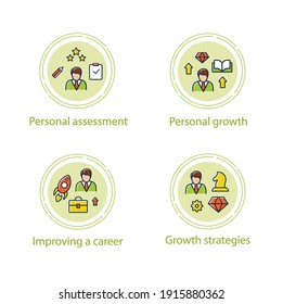  Personal growth concept icons set. Consists of growth zone, enhancing lifestyle, identifying potential, spiritual identity etc. Vector isolated conception metaphor illustrations