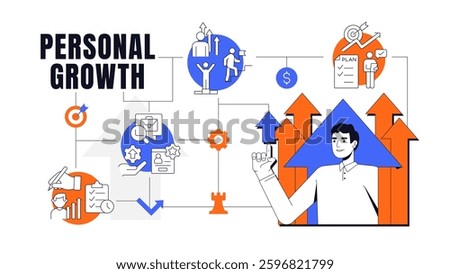 Personal growth concept illustration. Time management. Business career. Corporate ladder. Achievements, success. Text banner with flat vector character, colorful line icons. Visual communication