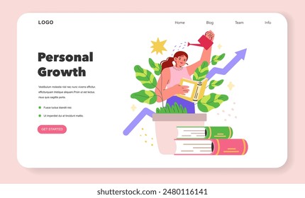 Personal growth concept. Illustration of a woman watering a plant that symbolizes self-development, alongside books and growth charts. Vector illustration.