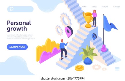 Personal growth concept. Man climbs stairs to goblet. Selfdevelopment metaphor. Road to success, achievements of goals. Landing page mockup, graphic elements. Cartoon flat vector illustration