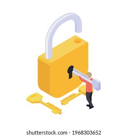 Personal growth concept with man opening giant padlock with potential key isometric vector illustration