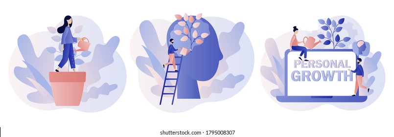 Personal growth concept. Metaphor growth personality as plant. Tiny people that self-improvement, self development. Modern flat cartoon style. Vector illustration 