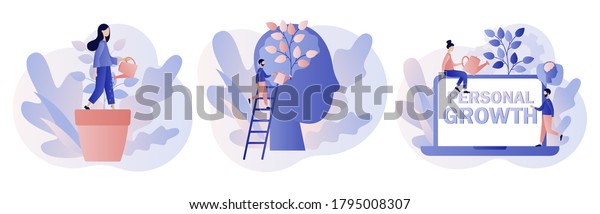 Personal growth concept. Metaphor\
growth personality as plant. Tiny people that self-improvement,\
self development. Modern flat cartoon style. Vector illustration\
