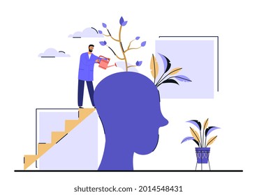 Personal growth concept. Tiny man watering that growing plant from the brain. Metaphor for self-development and brain training. Cartoon modern flat vector illustration isolated on white background