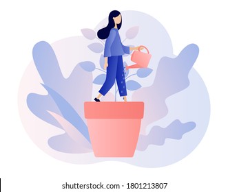 Personal growth concept. Tiny woman in flowerpot watering herself. Metaphor growth personality as plant. Self-improvement and self development. Modern flat cartoon style. Vector illustration