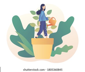 Personal growth concept. Tiny woman in flowerpot watering herself. Self-improvement and self development. Metaphor growth personality as plant. Modern flat cartoon style. Vector illustration