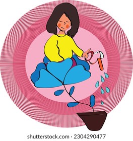 Personal growth concept. Tiny woman in flower watering herself. Metaphor growth personality as plant. Self-improvement and self development. Modern flat cartoon style. Vector illustration
