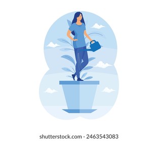 Personal growth concept. Tiny woman in flowerpot watering herself. Metaphor growth personality as plant. Self improvement and self development. flat vector modern illustration 