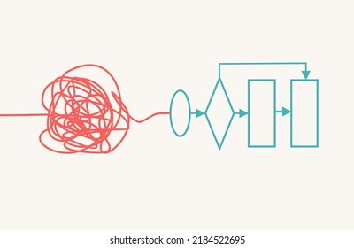 Personal growth and development. Coaching, training, brainstorm illustration. Unraveling tangled tangle. Psychotherapy concept. Metaphor of problem solving, chaos and mess, difficult situation.