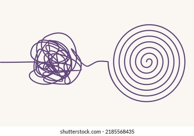 Personal growth and development. Coaching, training, brainstorm illustration. Unraveling tangled tangle. Psychotherapy concept. Metaphor of problem solving, chaos and mess, difficult situation.