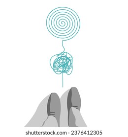 Personal growth and development. Coaching, training, brainstorm illustration. Unraveling tangled tangle. Psychotherapy concept. Metaphor of problem solving, chaos and mess, difficult situation.