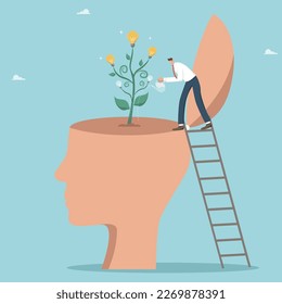 Personal growth or development of intellectual potential, grow a genius in yourself, creative thinking and intuition for business development and problem solving, man watering a tree with light bulbs.